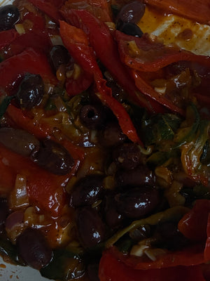 Vegetarian lasagna with lentil pasta sheets and olives